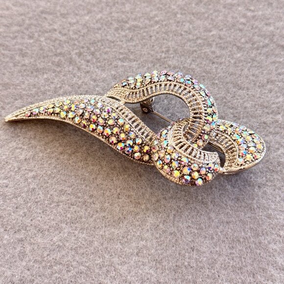 Brooch Ribbon Aurora Borealis Rhinestones Silver Tone Heavy Bling Sparkle - Picture 5 of 7
